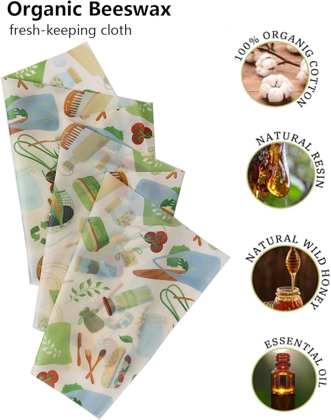 Reusable Beeswax Food Wraps, 12 x 40 Inch Organic Cotton Beeswax Wraps, Plastic-Free Eco Friendly Food Storage Sheets for Kitchen, Bread, Cheese, Fruits and Sandwiches