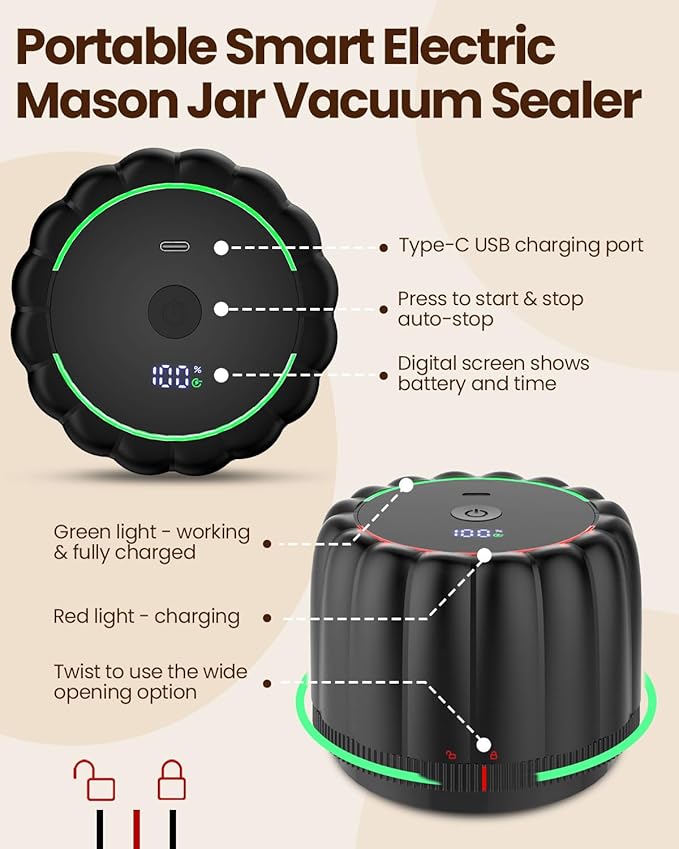 2026 Upgraded Electric Mason Jar Vacuum Sealer Kit with Wide and Regular Mouth Mason Lids -80kpa Automatic Vacuum Pump 2500mAh Battery One Touch Canning Sealing Machine for Food Storage Black