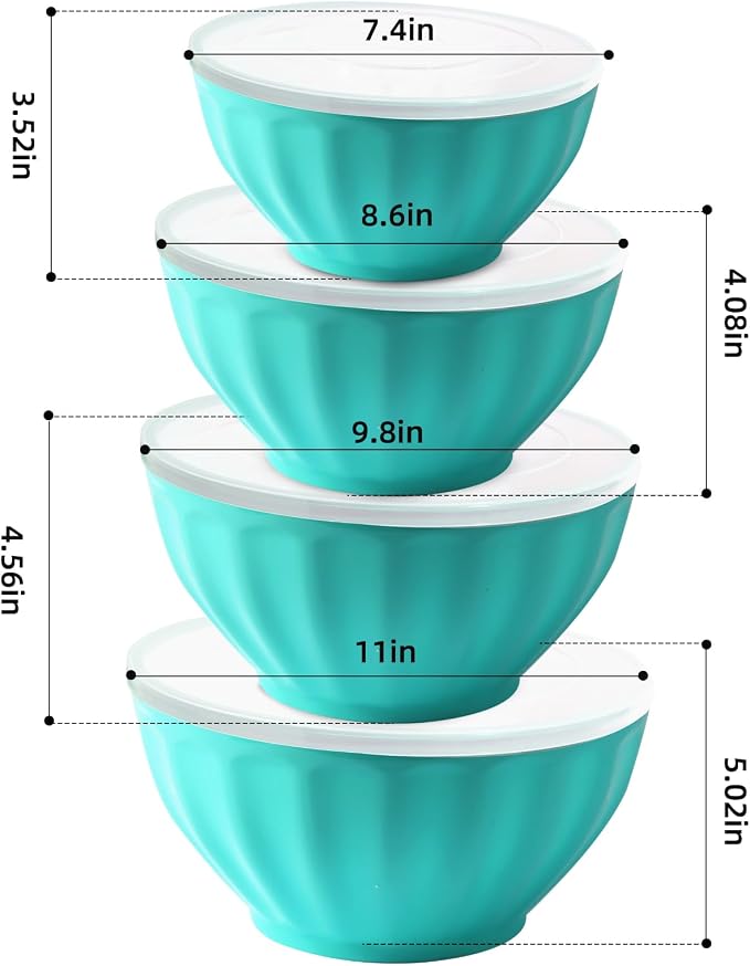 Plastic Mixing Bowls,Serving Bowls with Lids Set,4 Bowls 4 Lid 1Egg Whisk for Kitchen Mixing,Storage Food,Refrigerator, Dishwasher, Microwave safe,Blue