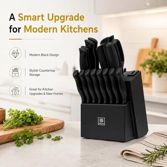 19-Piece Kitchen Knife Block Set with Built-in Sharpener, Upgraded Non-Stick Coating Blades, Ergonomic Handles, Dishwasher Safe, Black