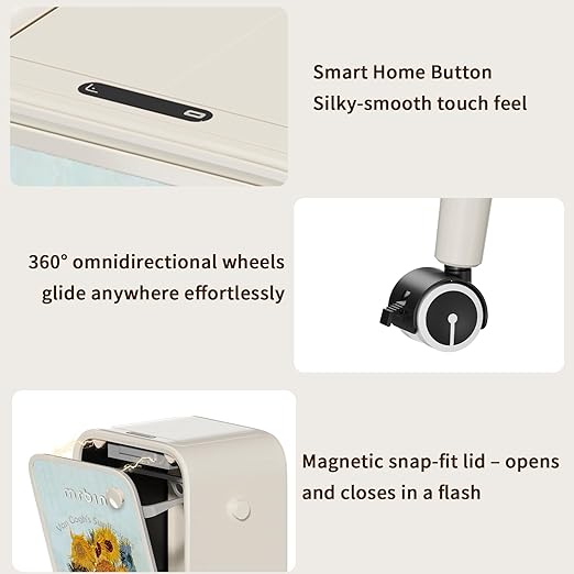 MRBIN Stainless Steel Motion Sensor Trash Can Bathroom with Butterfly Lid and Leg, Wheeled 5.5 Gal Tall Automatic Smart Waste Basket, Touchless Electric Dustbin for Bedroom, Toilet, Sunflower Pattern