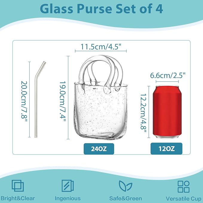 Glass Purse for Drinks Set of 4,24oz Unique Funky Thick Wine Glasses Gifts for Women Party,Fish Bowl Vase,Creative Unique Drinking Glass for Fruit Juice,Tea,Flowers (Bubbled)
