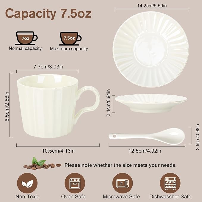 7.5oz Ceramic Cappuccino Cup with Saucer and Spoon Set of 4 | Porcelain Coffee Cups Set for Latte, Tea, Espresso,Cappuccino,Dishwasher and Microwave Safe,Pearl White