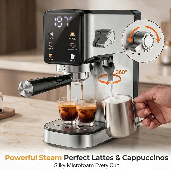 Espresso Machine 20 Bar, 1350W Expresso Coffee Machines with Milk Frother,Stainless Steel Espresso Maker with 39oz Removable Water Tank for Cappuccino, Latte(Silver)