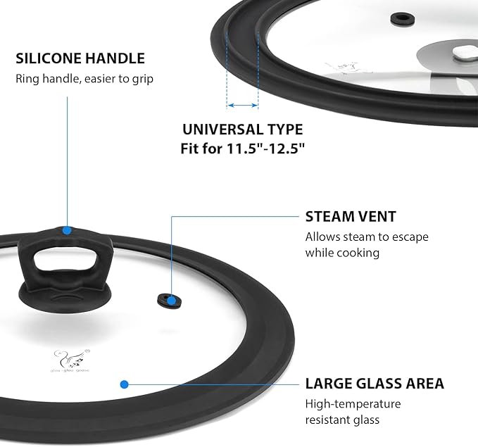 Vented Tempered Glass Universal Lid for Pot Pan Skillet with Heat Resistant Silicone Rim Microwave Splatter Lid Cover Microwave Safe Fit 11.5" 12" 12.5" Cookware, Dishwasher Safe Black