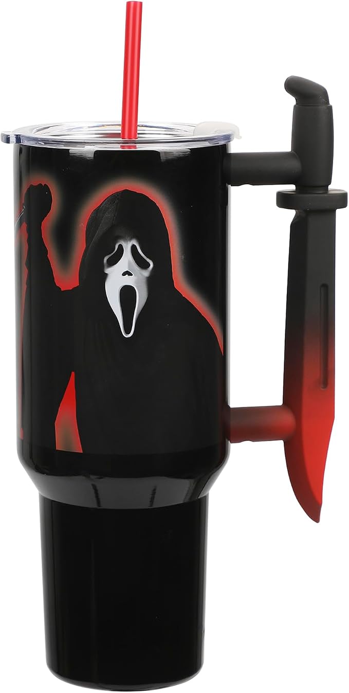 Bioworld Ghostface Text and Logo 40 Oz. Stainless Steel Tumbler With Dagger Handle