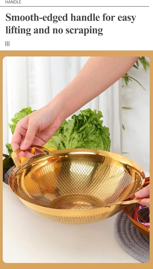 Stainless Steel Colander With Handle and Legs Drain Basket for Pasta, Spaghetti, Berry, Veggies, Fruits, Noodles, Salads, Fruit Colander Strainer Metal Rice Sieve Kitchen Utensils-Rose Gold