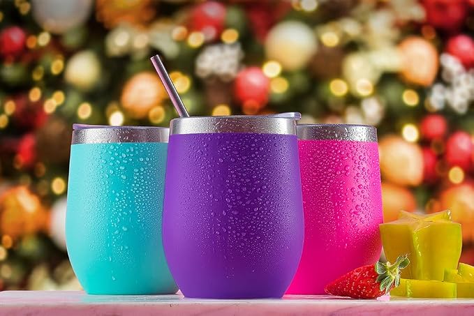 CHILLOUT LIFE 12 oz Stainless Steel Wine Tumbler with Lid - Double Wall Vacuum Insulated Wine Cup Glass Keeping Cold & Hot for Coffee, Champagne, Cocktails, Ice Cream - Powder Coated Purple
