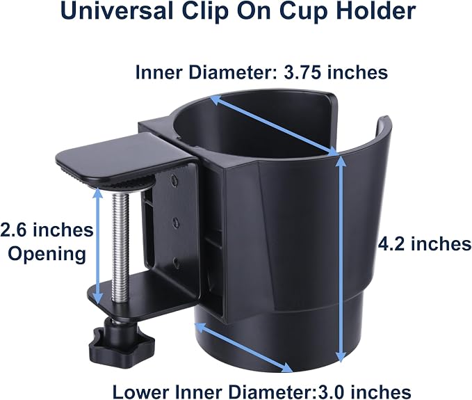 Universal Large Desk Cup Holder Clamp on, Heavy Duty Plastic Drink Holder for Table, Porch Swing, Patio Chair, Clip On Anti-Spill Bottle Holder for Most Cups, Bottles, Cans, Tumbles, Black, Pack of 2