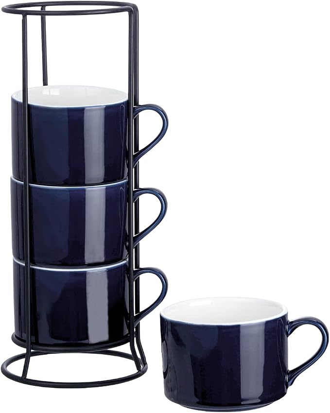10oz Porcelain Stackable Coffee Mugs and Metal Stand Set of 4, Espresso Cups Set for Hot Drinks, Cappuccino, Tea-Blue