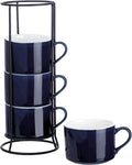 10oz Porcelain Stackable Coffee Mugs and Metal Stand Set of 4, Espresso Cups Set for Hot Drinks, Cappuccino, Tea-Blue