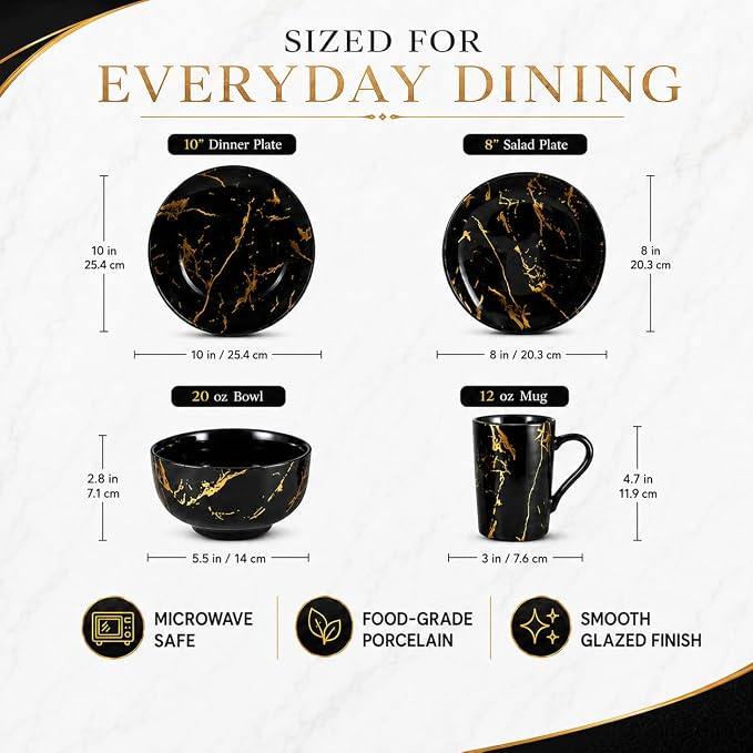 Black and Gold Dinnerware Set 16-Piece – Marble Finish Porcelain Plates and Bowls Sets for 4, Modern Gold Dish Set for Family or Housewarming