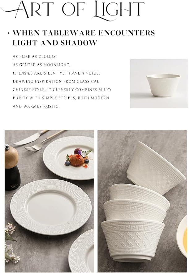4-piece set, ceramic tableware set, relief plate and bowl set, microwave and dishwasher compatible tableware set, shatterproof and scratch resistant dinner set, irregular edge design, white