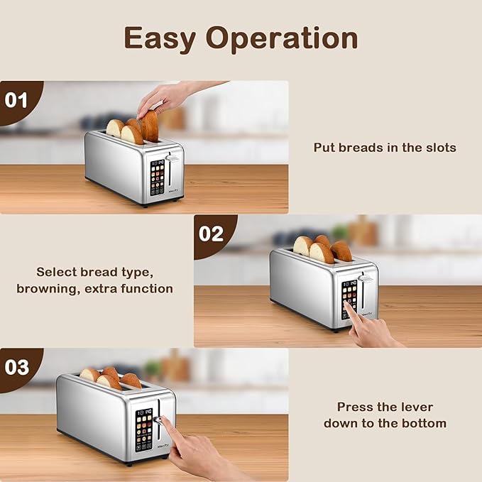 Mecity Touchscreen Toaster, 2 Long Slots for 4 Slices, Digital Bread & Browning Control, Stainless Steel Slim Toaster with Bagel, Gluten-Free, Defrost & Reheat, 120V, 1400W