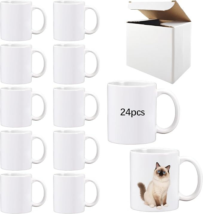 24 Pack 11 oz sublimation mugs with boxes round handle tazas para 11oz ounce coffee cups for sublimation mug blanks bulk products (White, 11OZ)