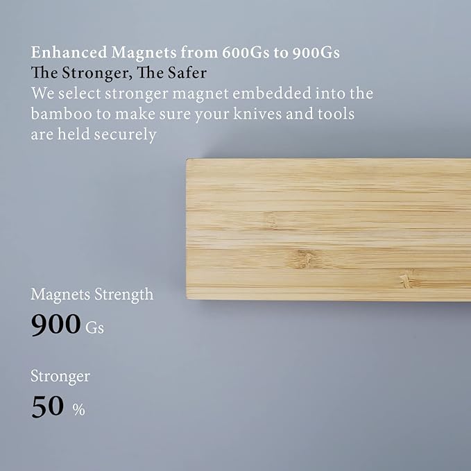 KITCHENDAO Bamboo Magnetic Knife Holder for Wall 17 inch Knife Magnetic Strip Bar Rack- 50% Stronger Magnet - Safe, Secure & Easy Storage Solution for Kitchen Knives, Metal Utensils & More