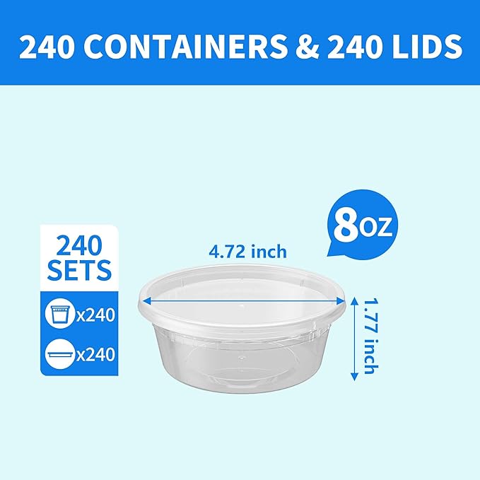 240 Sets 8oz Deli Food Storage Containers, Plastic Takeout Deli Cups for Meal Prep Leftover, Reusable Round Soup Containers with Lids, BPA Free, Stackable, Leakproof, Microwave and Freezer Safe
