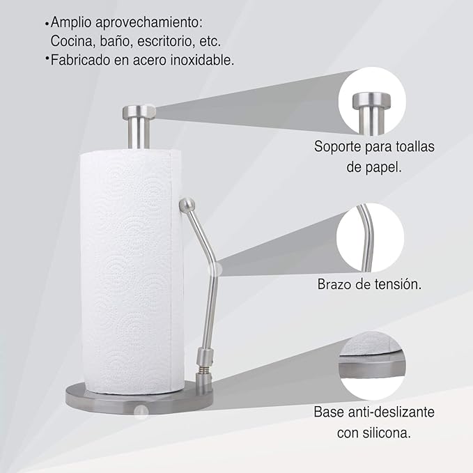 Stainless Steel Paper Towel Holder with Tension Arm – Weighted Countertop Stand, One-Hand Tear, Rust-Proof Full Stainless Steel Construction, Modern Kitchen Roll Holder