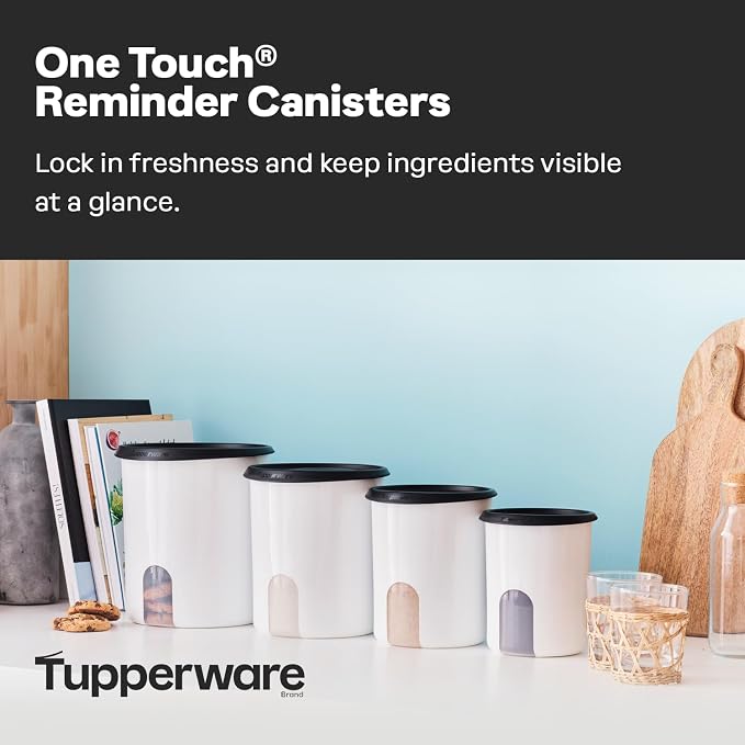 Tupperware One Touch Reminder Canisters 4 Canister Food Storage Set in White & Black, Dishwasher Safe and BPA Free, (4 Containers, 4 Lids)
