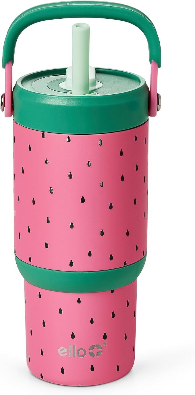 Ello Oasis Go 14oz Stainless Steel Kids Tumbler with Top Handle & Retracting Straw, 100% Leakproof, Double-Wall Vacuum Insulated, Kids Water Bottle for School, BPA Free, Dishwasher Safe, Watermelon