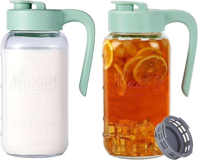 Mason Jar Pitcher - Airtight & Leakproof Glass Pitcher with Lid, Perfect for Breastmilk, Cold Brew, and Sun Tea, 2 Quart (64 oz) Mason Jar with Pour Spout Lid