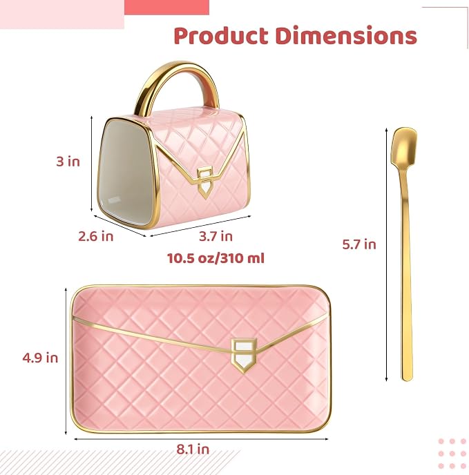 1 Set Handbag Mug with Spoon and Saucer, 10 oz Ceramic Purse Coffee Cup, Gold Trim Cute Tea Cup Set, Modern Tabletop Decor, Present for Women for Birthday, Mother’s Day (Pink)