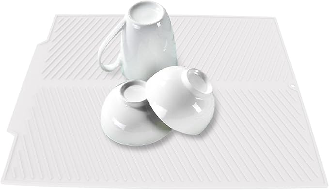 Draining Board Mat, Non Slip Silicone Dish Drying Mat Flume Drain Board Drainer Mat for Kitchen Countertop Tabletop Accessories (White)