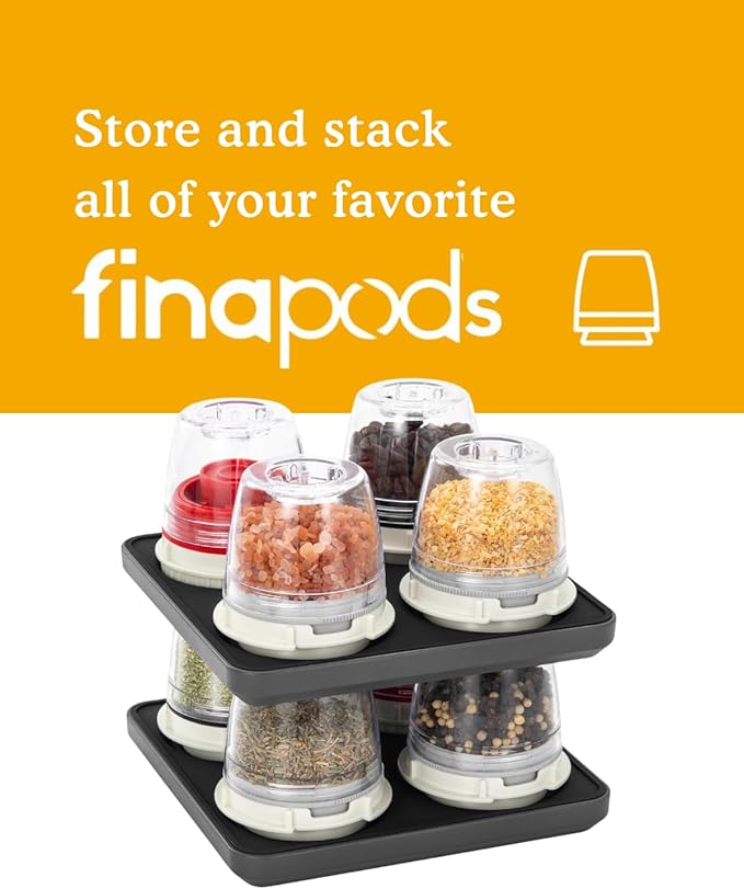 FinaMill Classic Battery Spice Mill Bundle with Slate Quartet Stackable Tray – One-Handed Grinder with Interchangeable Pods & Space-Saving Spice Organizer - Valentines Day Gifts for Food Lovers