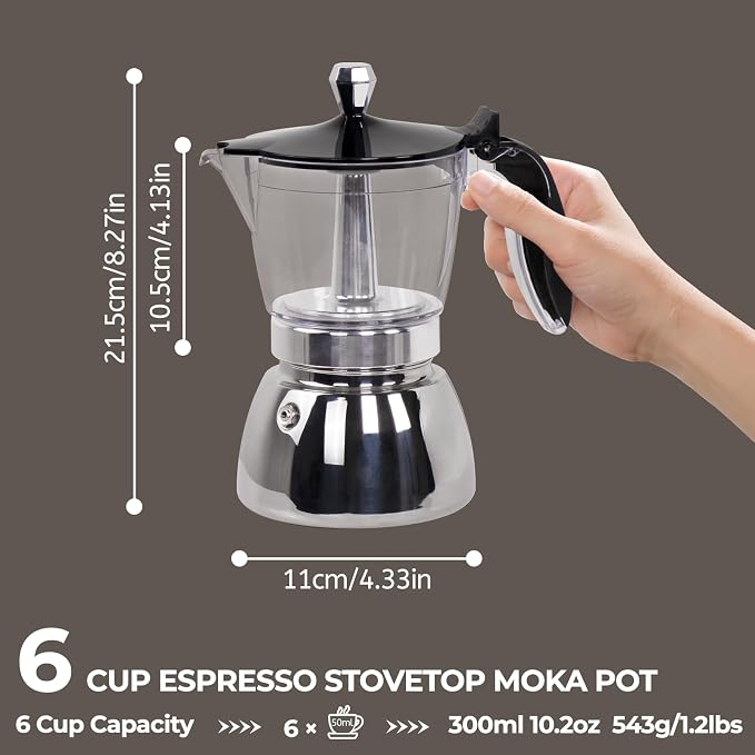 Clear Plastic Moka Pot 6 Cup 300ml Stainless Steel Coffee Maker Uncoated Stovetop Espresso Coffeemaker Italian Classic Style Brewing Greca Cafe Mocha for Cafeteras Camping Travel Home Use