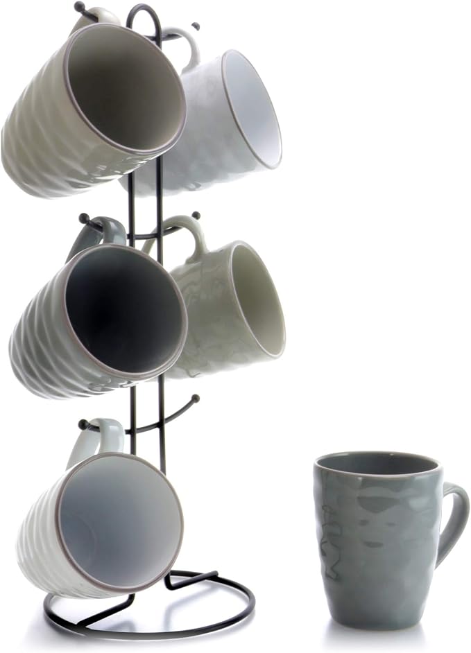 Elama Tahitian Waves 6 Piece 12 oz Mug Set in Assorted Tones with Complimentary Stand