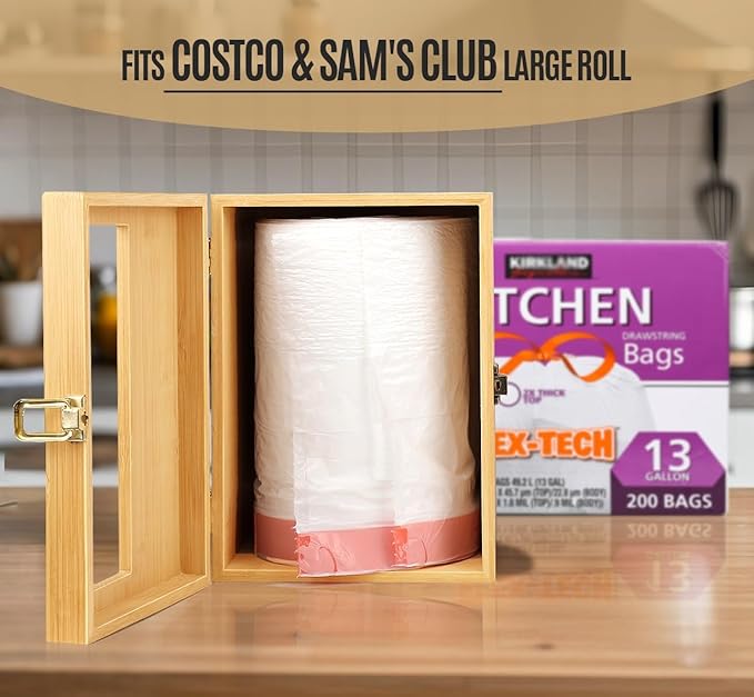 Libreshine Extra Large Bamboo Trash Bag Dispenser Holder for Tall Kitchen Bags, Fits Costco Jumbo Rolls, 13–33 Gallon Garbage Bag Organizer for Pantry, Under Sink/Wall/Cabinet/Freestanding Mount