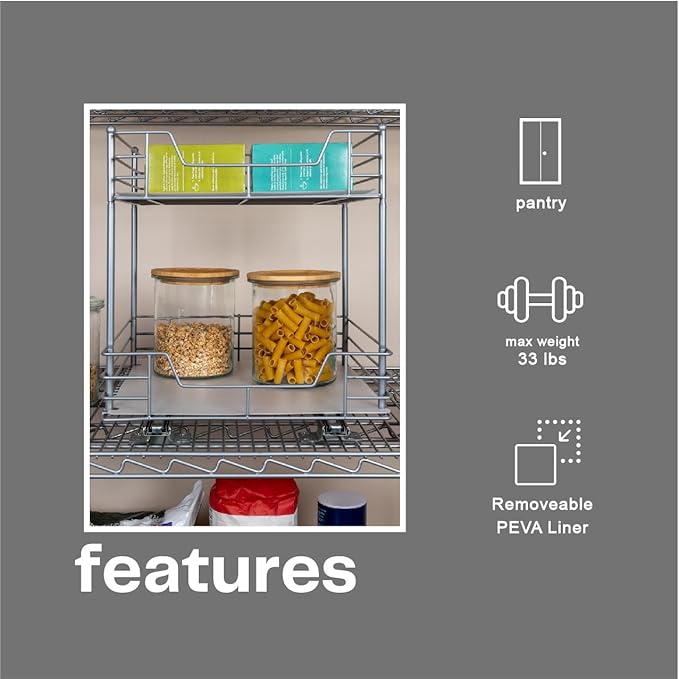 Household Essentials Glidez Steel Pull-Out/Slide-Out Storage Organizer with Plastic Liners for Under Cabinet or Wire Shelf Use - 2-Tier Design - Fits Standard Size Cabinet or Shelf, Brushed Silver