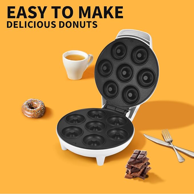 DSP Mini Donut Maker - Non-Stick, 7 Donuts, Cool-Touch | Quick 3-Min Baking, Indicator Lights, Easy Wipe-Clean, Breakfast/Snacks/Desserts