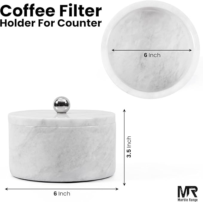 Marble Coffee Filter Holder – 6 inch Handmade White Coffee Filter Holder with Lid, Storage Organizer for Kitchen Countertop & Bar Decor