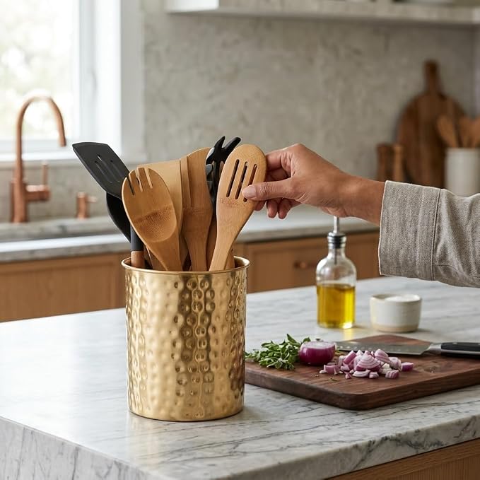Monarch Abode Kitchen Utensil Holder – Hand Hammered Metal Brushed Gold Utensil Holder, Decorative Utensil Crock for Kitchen Counter, Cooking Tool and Spatula Holder for Countertop, Caddy Organizer