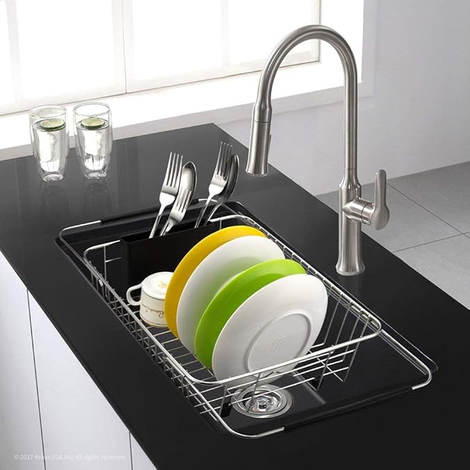 SANNO Expandable Dish Drying Rack Over The Sink Dish Drainer Suction Cups Shower Caddy Soap Dish Holder