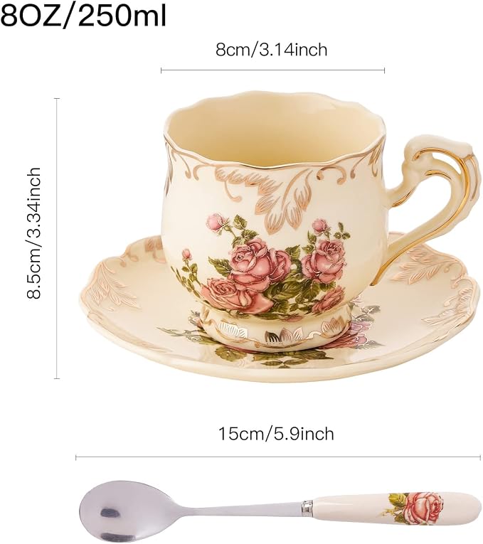 Tea Cups and Saucers Set of 4, 8 Oz Ivory Rose Floral Porcelain Teacup and Saucer Set with Gold Trim, Vintage Tea Cups with Spoon, European Style (Pink Rose)
