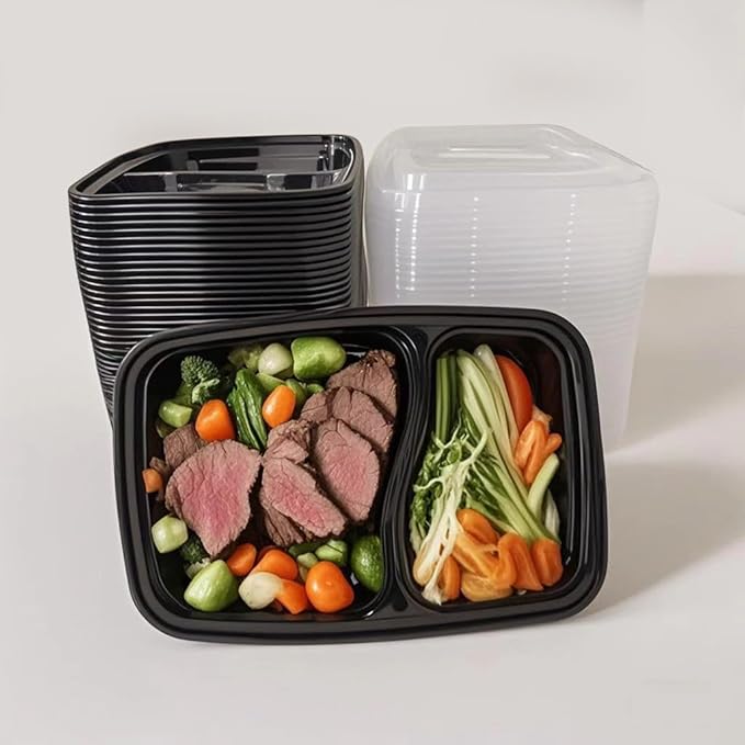 100pc 28 Oz 2-Grid Meal Prep Containers Disposable, Plastic to go food containers With Lid, Take Out food Containers Disposable, Reusable Food Storage Containers,Microwave Freezer Dishwasher Safe