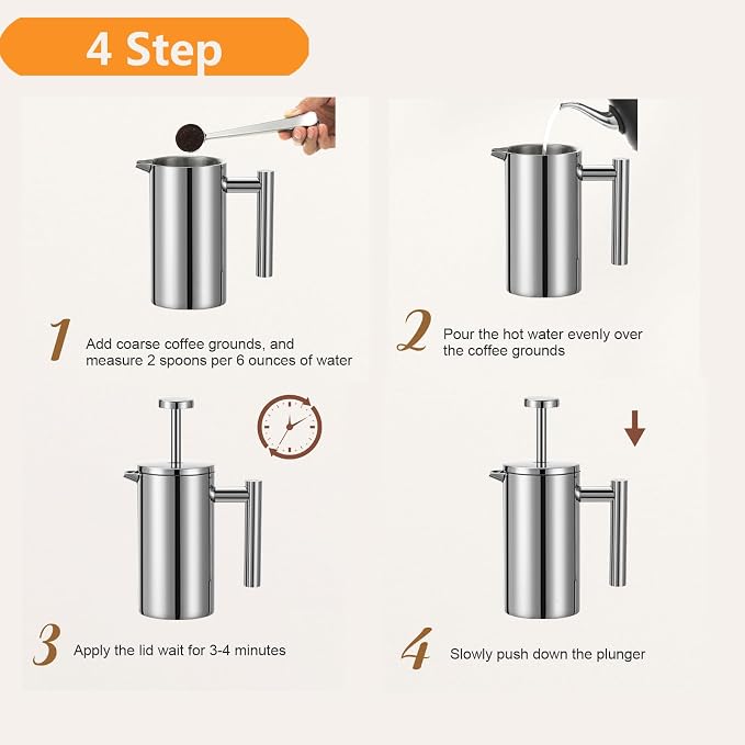 Stainless Steel French Press Coffee Maker 1500ml, Double-Wall Insulated Large French Coffee Press for travel camping，Large Capacity, （50oz, Silver）