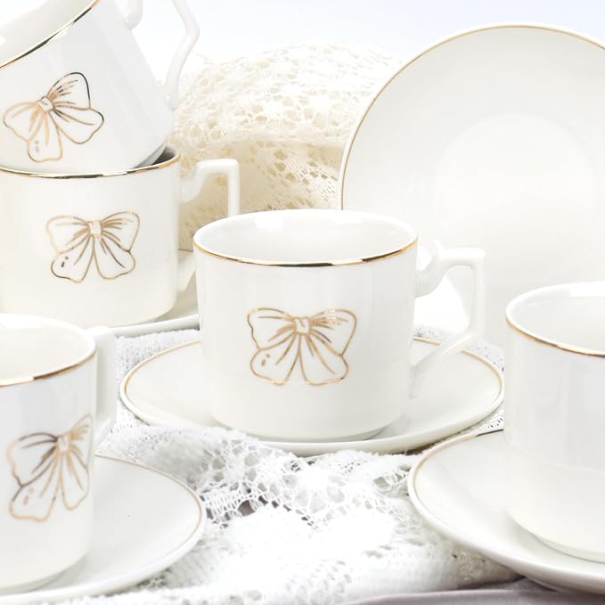 ALIMOTA 3.5oz Ceramic Coffee Espresso Cup with Saucers Set, Elegant Bow Deco Coffee Cup Gift for Cappuccino, Tea, Espresso, Latte, Coffee, Cafe Mocha, Set of 6, White