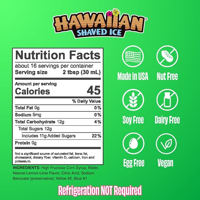 Hawaiian Shaved Ice Lemon-Lime Syrup - Nut Soy Dairy Free - Flavor Fluffy & Crunchy Snow Cones - Shelf Stable - Makes 8 Servings - 16 ounces
