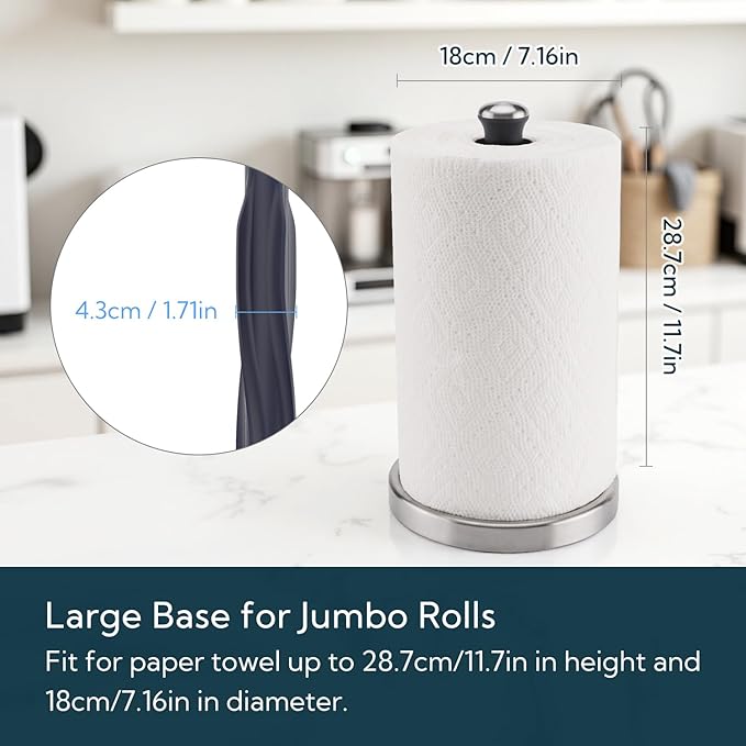 KITCHENDAO One-Handed Countertop Paper Towel Holder, Rotation Freestanding Kitchen Paper Holder Stand, Stainless Steel Paper Roll Holder with Weighted Base High-Adhesion Pad Sticker