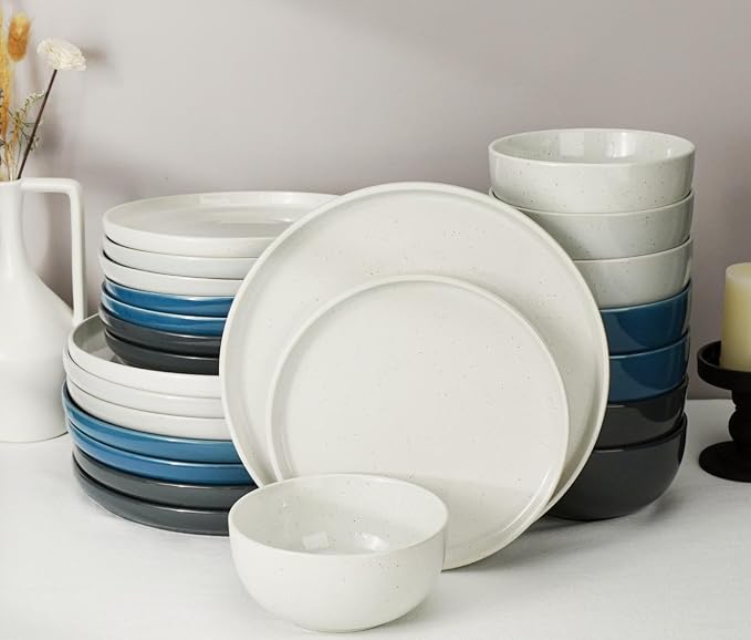 Metflavor Plate Set for 8 Kitchen Plates and Bowls Ceramic Dinner Set for 8, Microwave Safe Plates and Bowls Sets Stone Plate 24 Pieces Dinner Ware Sets Scratch Resistant (Galaxy Mist)