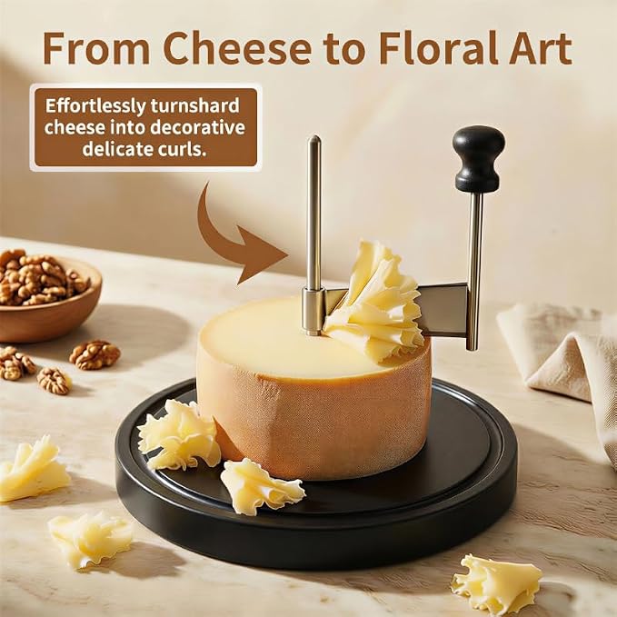 ZZXLLLO Girolle Cheese Curler Shaver Wheel – Stainless Steel Cheese Slicer Flower Maker Tool for Tête de Moine – Black Marble Base with Dome Lid