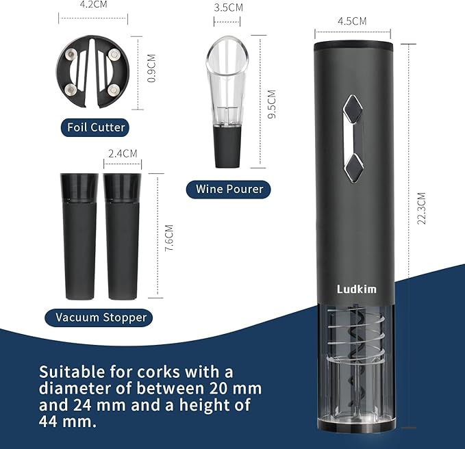 5-in-1 Electric Wine Opener Set, Automatic Batter Powered Corkscrew Kit Includes Wine Aerator Pourer & 2 Vacuum Stoppers, Foil Cutter, Ultimate Cordless Auto Wine Bottle Opener Gift Set