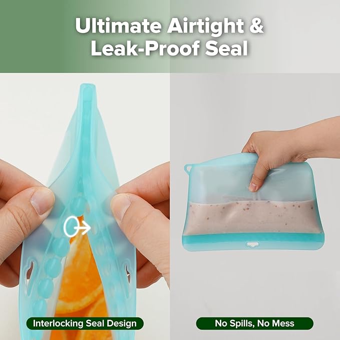 Haakaa Dot Seal Reusable Silicone Food Storage Bags, 2 Pack- Silicone Leakproof Freezer & Sandwich Snack Bags, BPA Free Food Containers, Microwave & Dishwasher Safe, Turquoise (500ml, 1500ml)