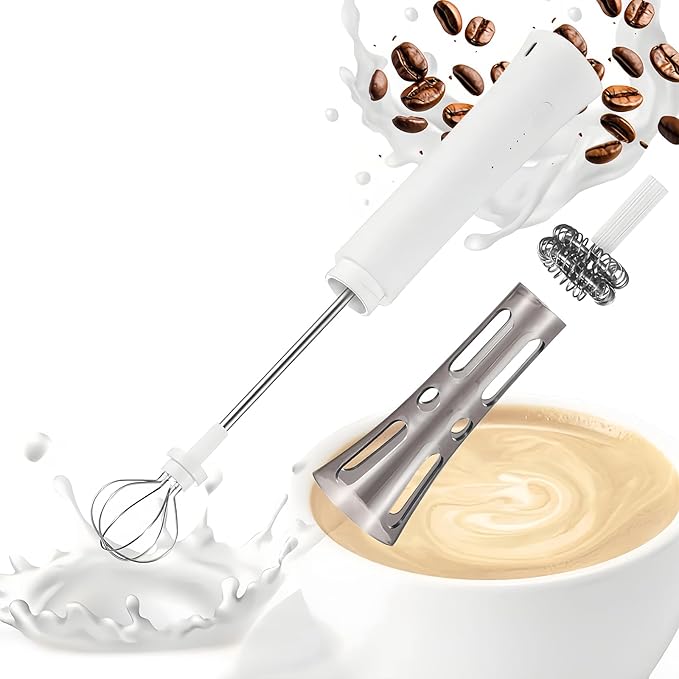 Rechargeable Milk Frother Hanheld, Dual Spring Whisk Electric Coffee Frother, Portable Hand Frother Wand Drink Mixer for Matcha Lattes Cappuccino, Kitchen Gifts, White