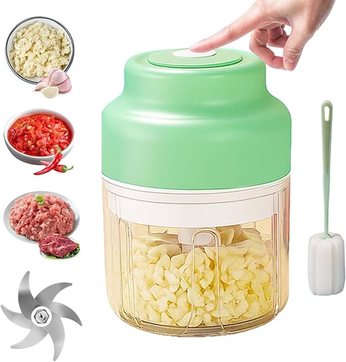 Electric Garlic Chopper, Mini Food Processor, Mini Portable Veggie Chopper with 4/6 Stainless Steel Blades, Rechargeable Small Food Processor for Garlic, Onion, Chili, Ginger, Nuts (Green, 360ML)