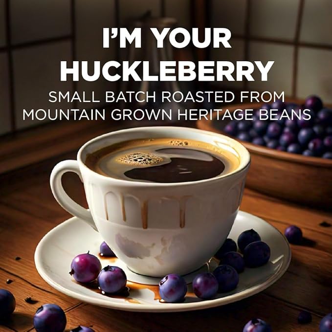 Maud's Huckleberry Flavored Coffee Pods, 18 ct, Medium Roast Flavored Coffee in Single Serve Pods – 100% Arabica Beans, Compatible with Keurig K Cups Maker