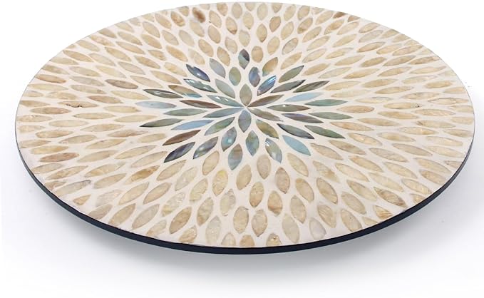 13.4" Mother of Pearl Lazy Susan, Table Centerpiece Round Shell Decorative Lazy Susan Turntable Rotating Tray Organizer for Cabinet Counter Gift Kitchen Office Cafe Home Decor (Beige Blue)